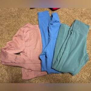 Pink Long Sleeve Top and Blue & green Leggings Set
